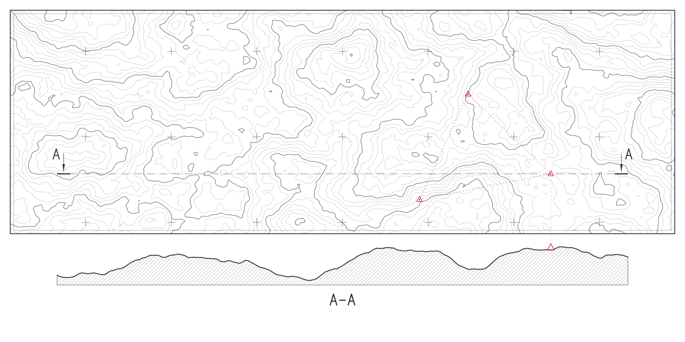 Survey plan with section A–A: contour lines and three marked survey points.